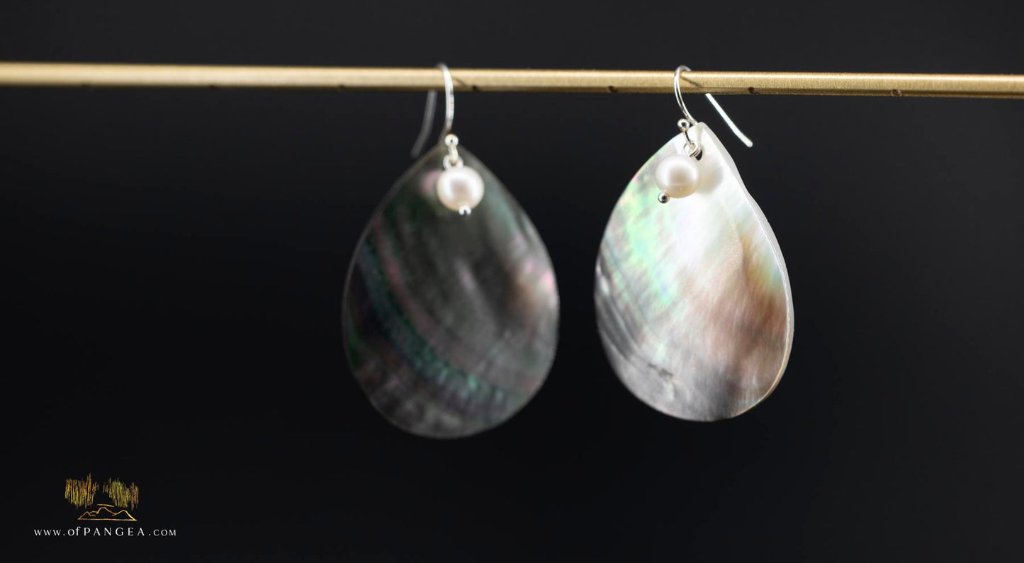 Tahitian Black-Lipped Mother of Pearl Large Teardrop Earrings and AAA Pearl - sterling silver