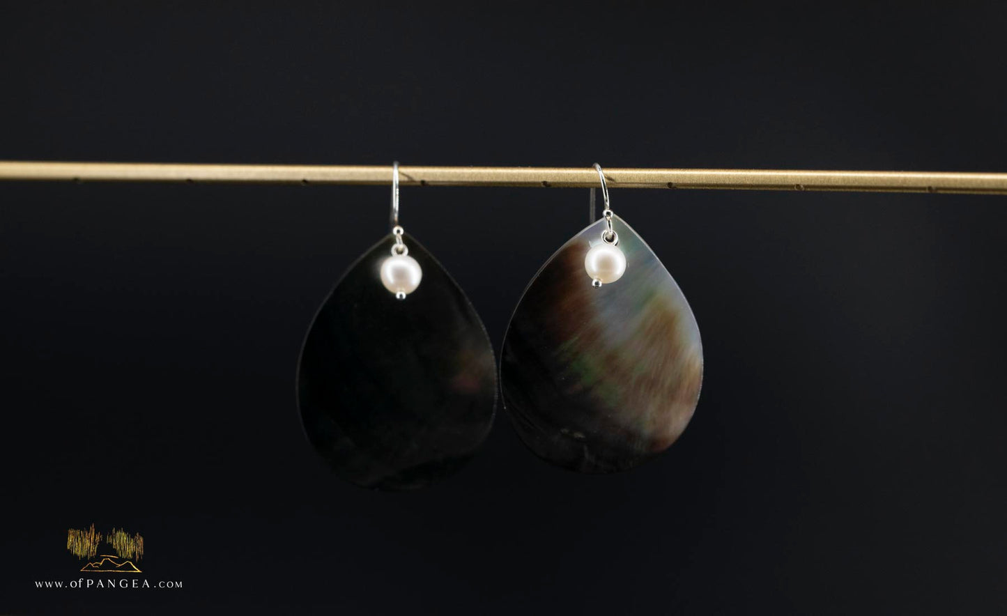 Tahitian Black-Lipped Mother of Pearl Large Teardrop Earrings and AAA Pearl - sterling silver