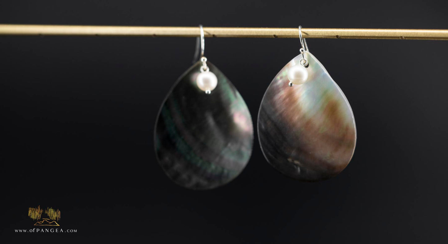 Tahitian Black-Lipped Mother of Pearl Large Teardrop Earrings and AAA Pearl - sterling silver
