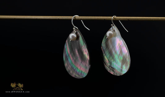 Tahitian Black-Lipped Mother of Pearl Large Teardrop Earrings and AAA Pearl - sterling silver