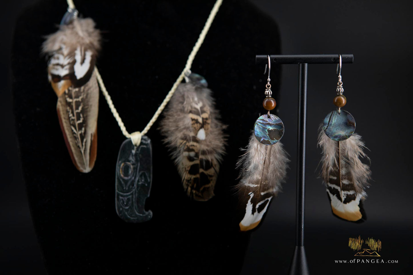 Kwakiutl THUNDERBIRD Earrings - pheasant feather, abalone, tiger's eye - sterling silver || JF310