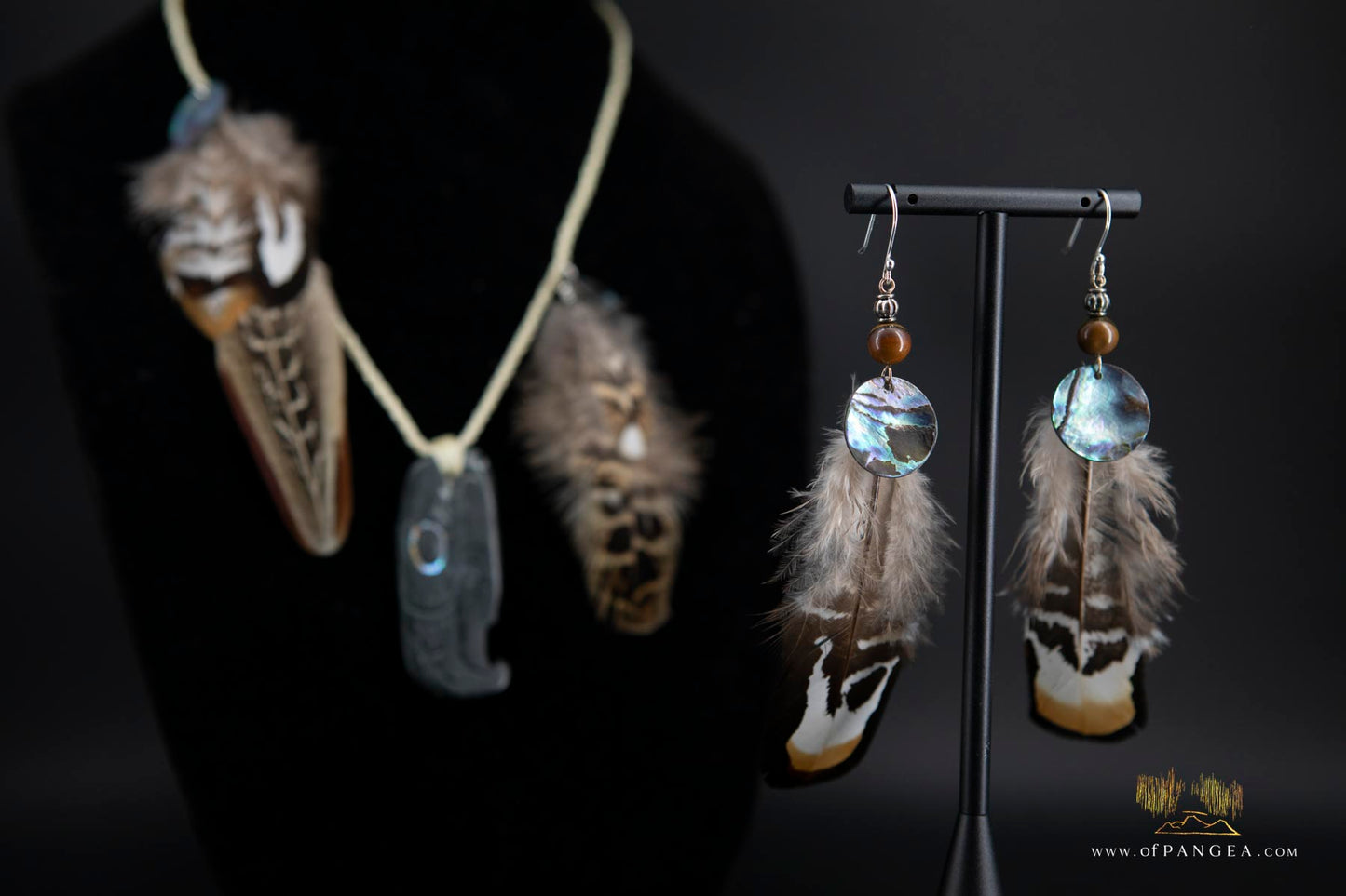 Kwakiutl THUNDERBIRD Earrings - pheasant feather, abalone, tiger's eye - sterling silver || JF310