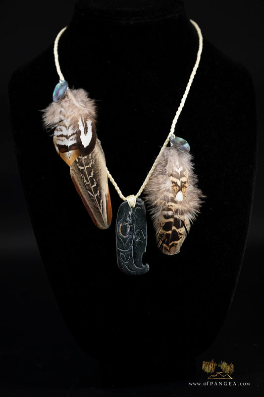 Kwakiutl Thunderbird Necklace - Lightning Creek British Columbia - pheasant feather, abalone - sterling silver || JF838