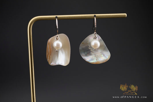 Warm Mother of Pearl freeform Earrings and AAA Pearl - sterling silver || JF880