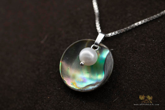 Paua Abalone disc & AAA Pearl necklace - sterling silver || JF951