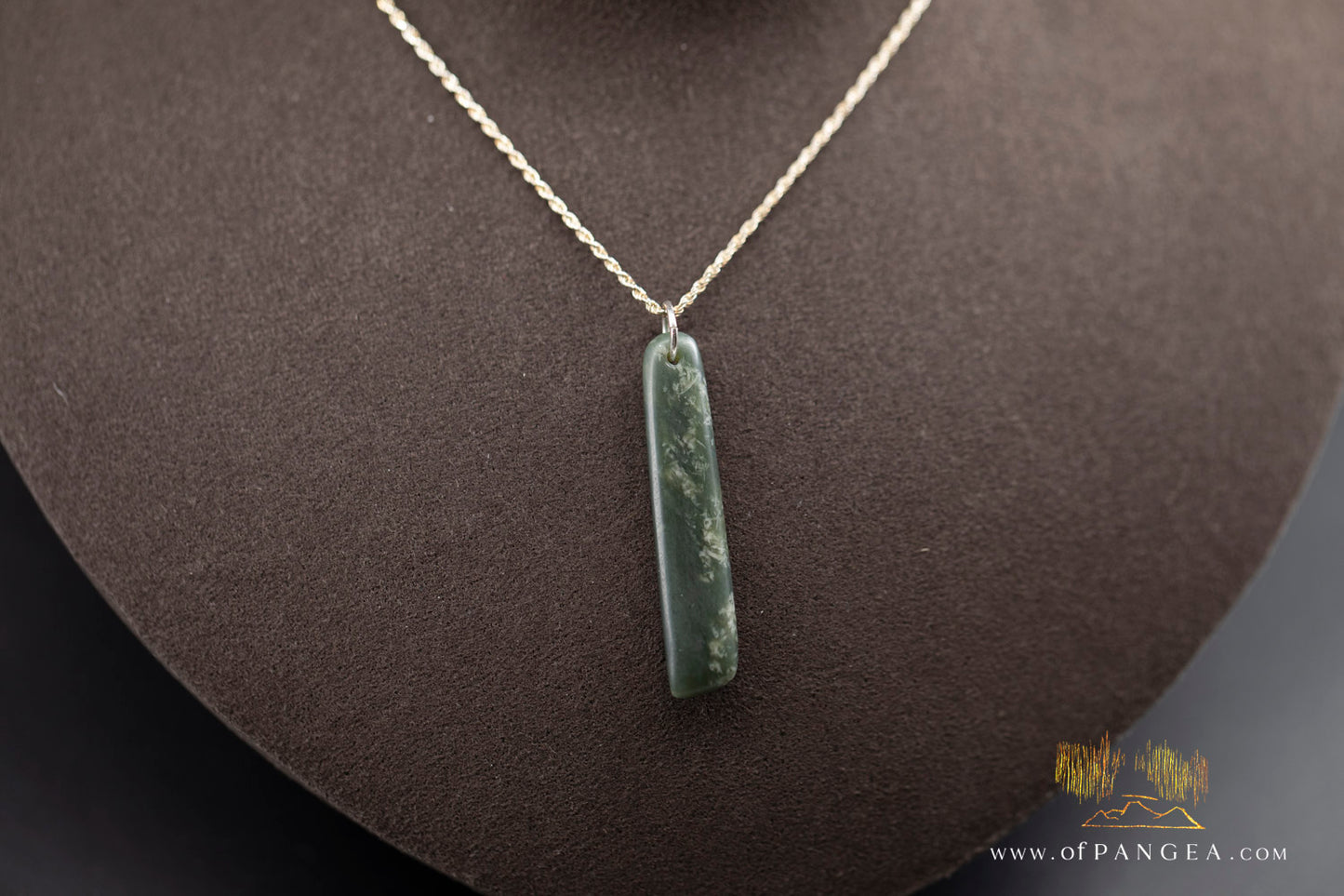 Cherry blossom jade toki necklace styled on model showing pendant scale and silver chain — JF997
