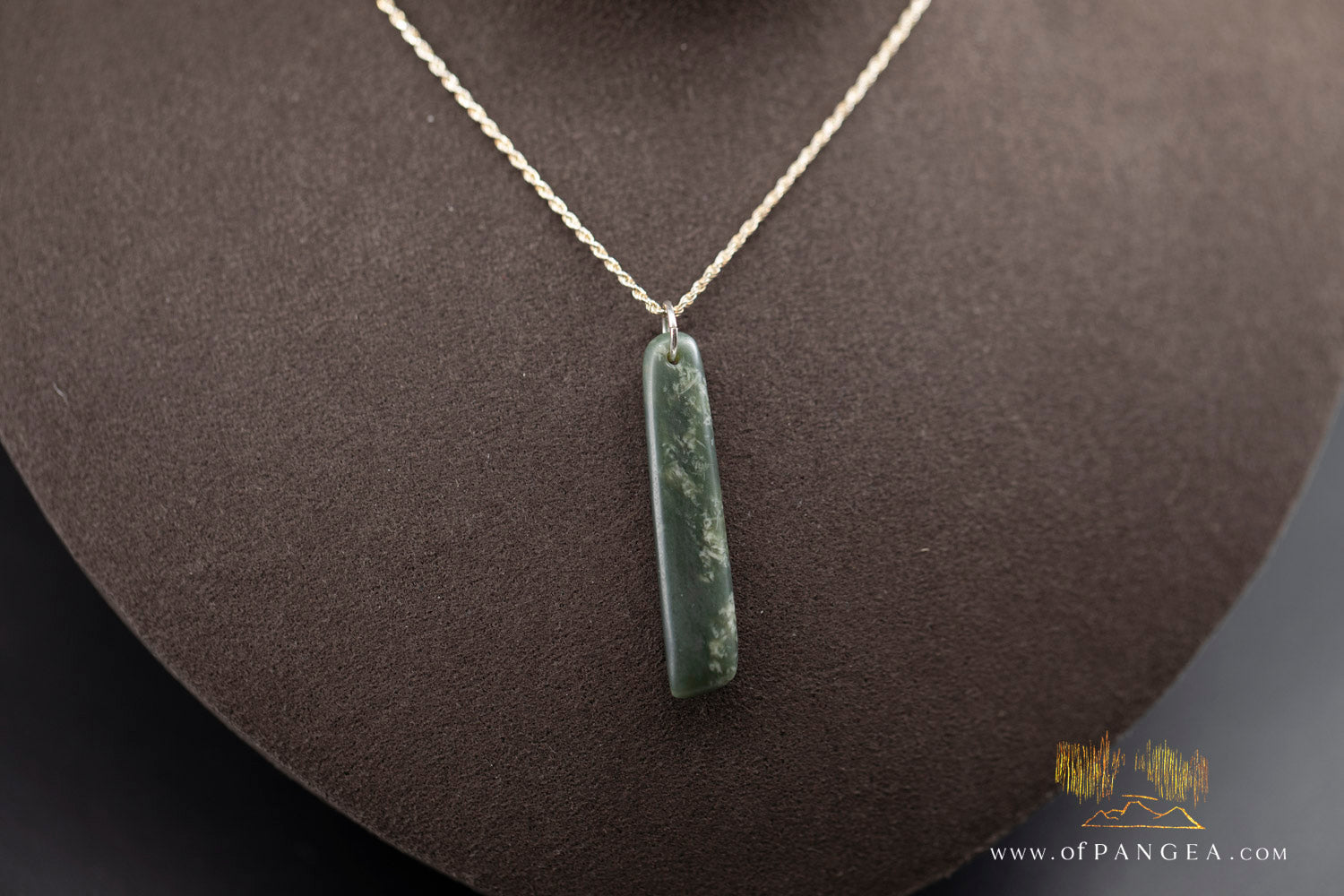 Cherry blossom jade toki necklace styled on model showing pendant scale and silver chain — JF997
