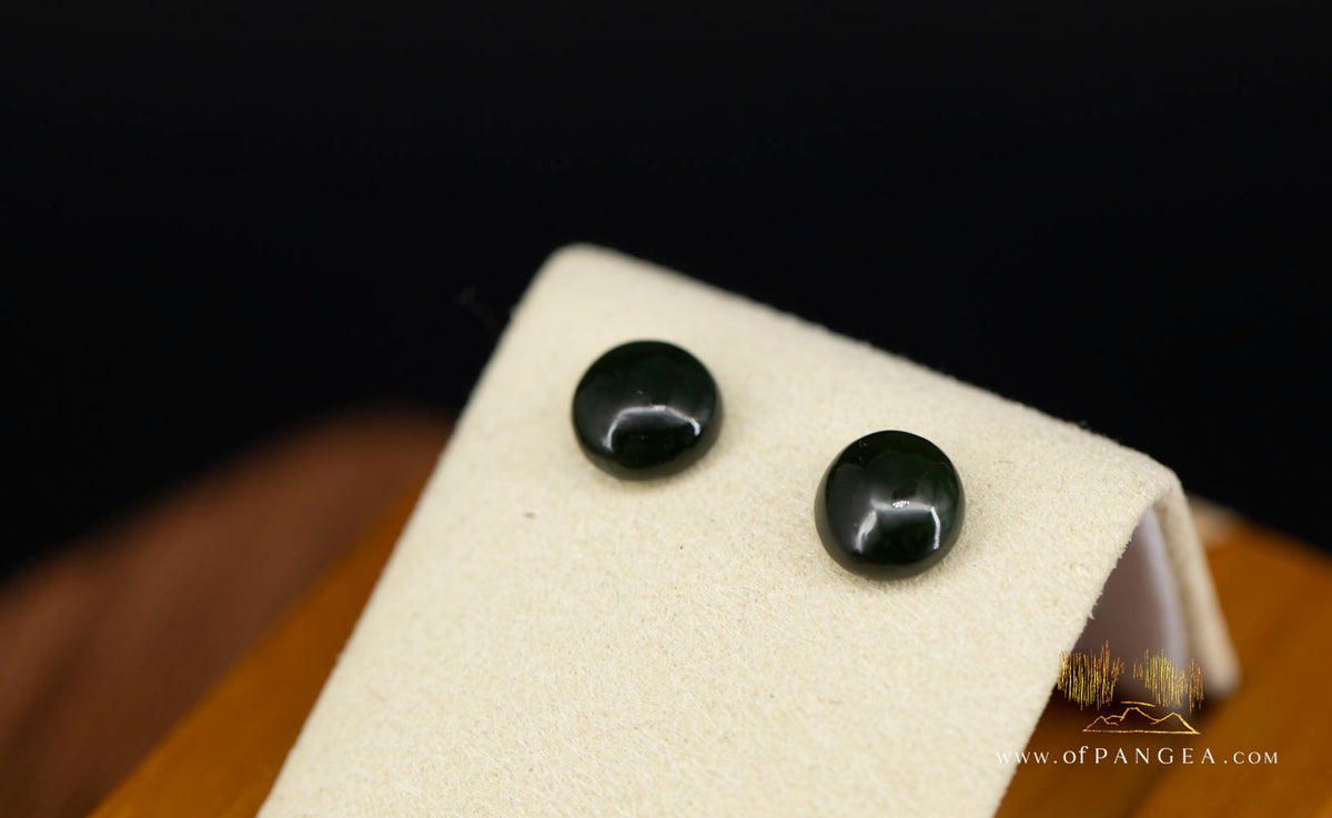 Stud Earrings - BC Nephrite Jade - 8mm Large Dark - Italian Sterling Silver