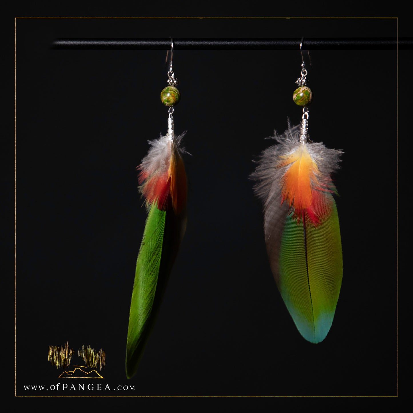 Parrot Bouquet Feather Earrings - Imperial Jasper - Sterling Silver || JF300